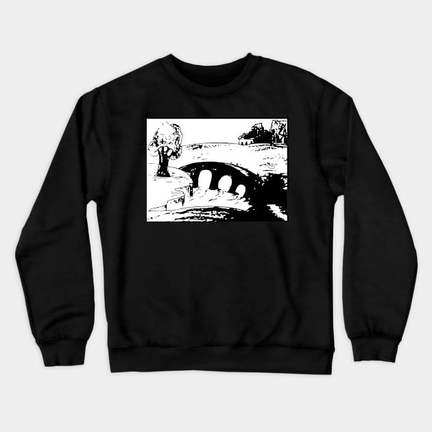 The bridge. Colorful Landscape Sketch Art Print Nature Trees And Water Hand Drawing, Black and white Colors Version 2/2 Crewneck Sweatshirt by Modern Art